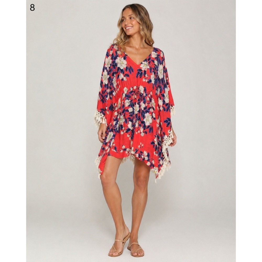 Draper James Poncho Top Women M/L Pink Blue White Floral Cotton Tie Waist Fringe